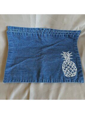 Embroidered Pineapple Denim Cloth Napkins Set Of 4 Reversible Navy Blue Handmade